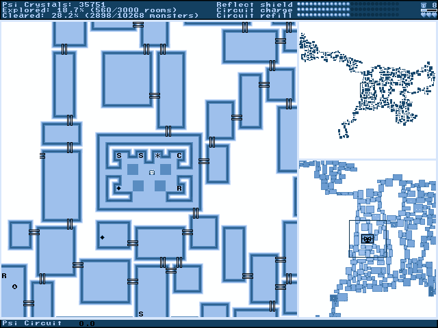 An example of a minimap: A large map in the game Meritous, and two smaller maps. Each smaller map has a highlighted section representing where the larger map occurs in it.